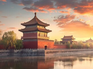 Fototapeta premium ancient Chinese architecture and river