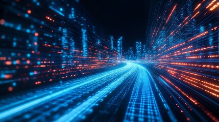 Fototapeta premium Dynamic digital landscape featuring bright blue and orange light trails, representing speed and technology in a futuristic city.