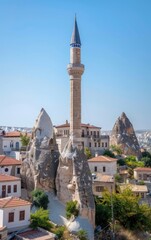 Obraz premium The tall minaret of the Cappadocia historical center