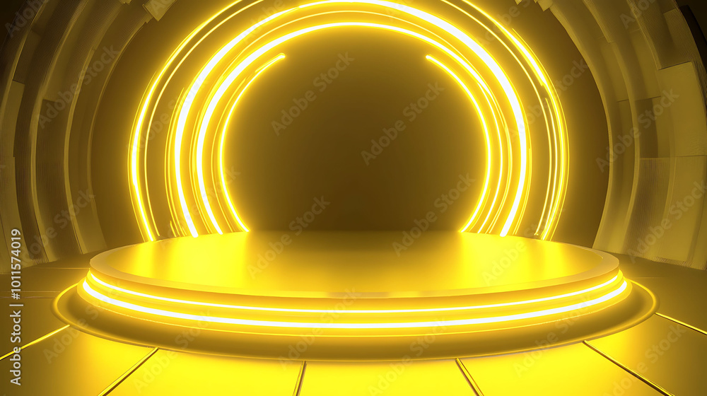 Aufkleber a 3d rendering of a golden podium with glowing neon circles behind it.