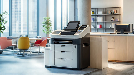 A modern office printer stands in a stylishly designed office space with large windows, a bookshelf, and a lounge area with colorful chairs.