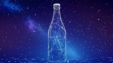 A simple, geometric soda bottle with a starry night sky background. The bottle is made up of lines, dots, and shapes, creating a modern, low-poly look.