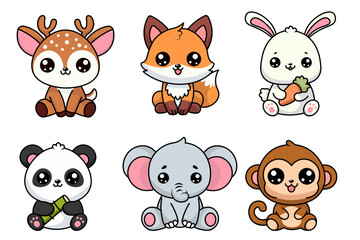 Adorable Kawaii Animal Illustrations, Deer, Fox, Rabbit, Panda, Elephant, and Monkey