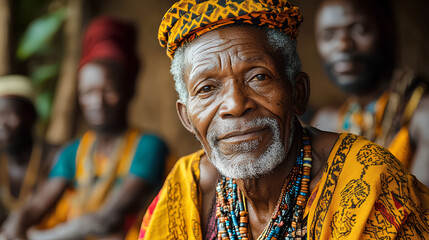 Fototapeta premium Men of Benin. Beninese men.A vibrant portrait of an elderly tribal man with traditional attire and others in the background, exuding cultural richness and ancestral heritage