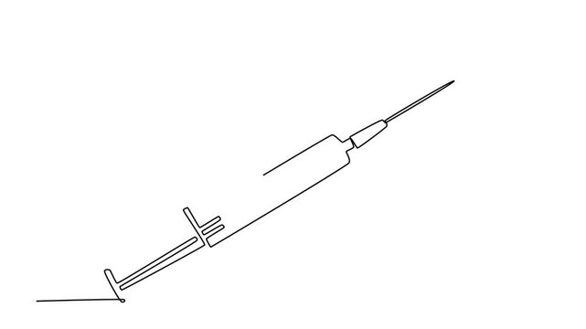 Animated self drawing of continuous line draw medical disposable syringe with needle. Applicable for vaccine injection, vaccination logo. Plastic syringe with needle. Full length single line animation