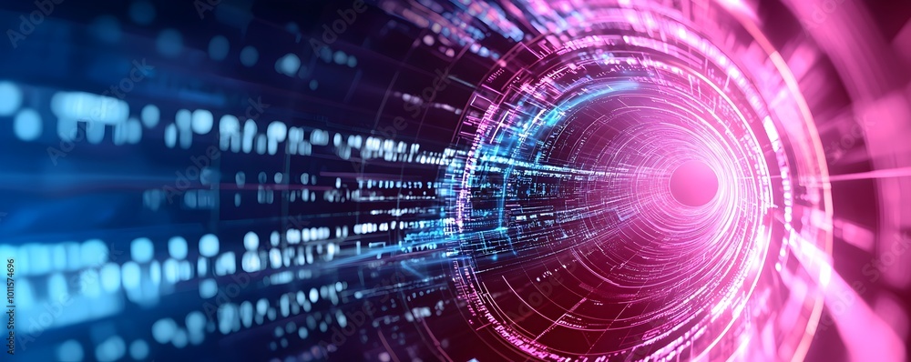 Poster cybernetic glow infinite pathways of energetic geometry and digital streams in an abstract tunnel - 