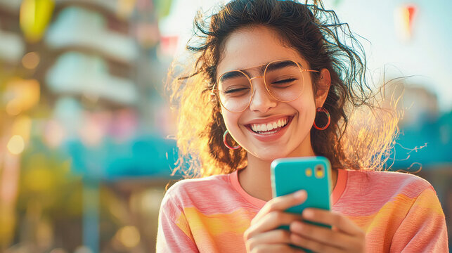 young indian woman holding smartphone