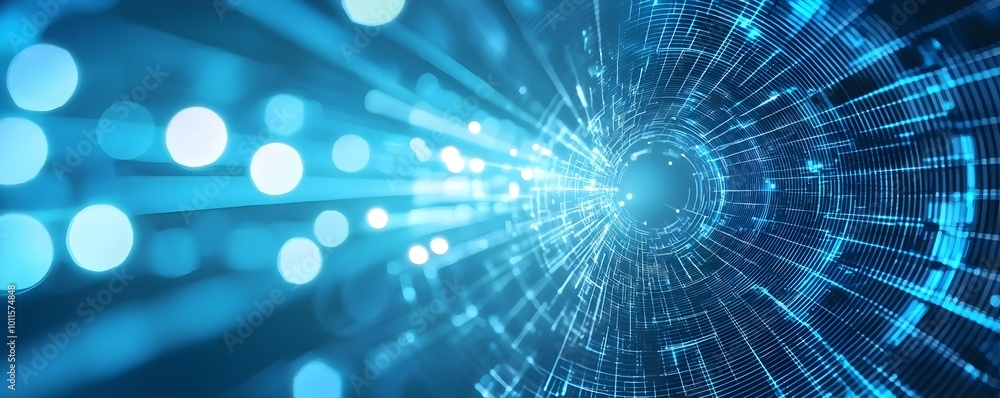 Poster futuristic abstract tunnel of shimmering light streams - radiant cybernetic loops and technological 