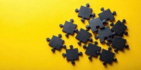 A collection of black puzzle pieces scattered across a bright yellow background, symbolizing the concept of problem-solving and the challenge of finding the right fit.
