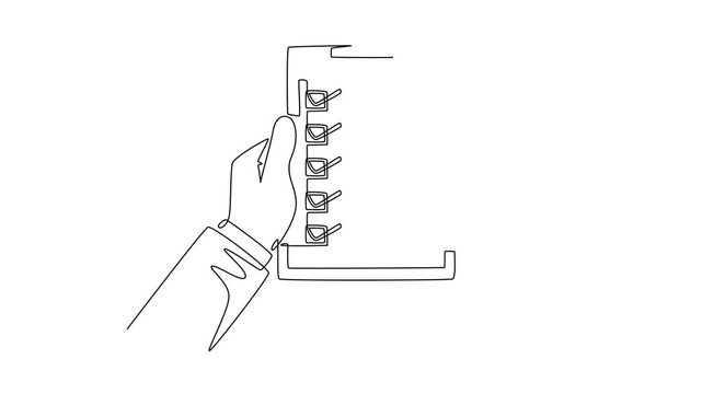 Animated self drawing of continuous line draw doctor hand with clipboard and pen. Doctor takes notes in clipboard. Medical report. Patient care check list template. Full length single line animation
