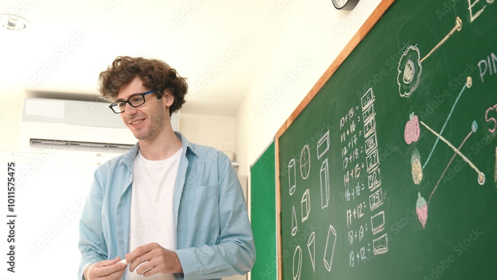 Aufkleber caucasian teacher talking and explain about math theory at classroom while looking at student. smart
