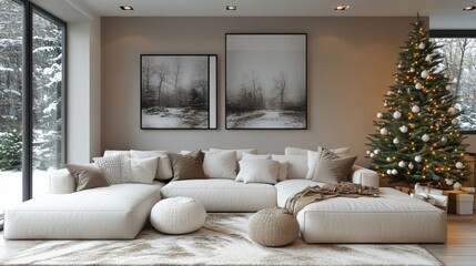 Cozy Modern Living Room with White Sofa and Decorated Christmas Tree