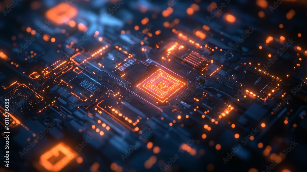 Poster a detailed and futuristic close-up of a microchip surrounded by glowing orange circuits. the high-te