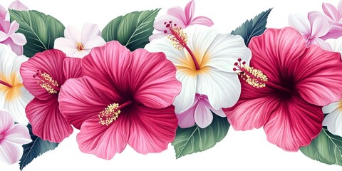 Fototapeta premium Vibrant Hibiscus Flowers in Pink and White With Lush Greenery, Beautifully Arranged for a Tropical Feel