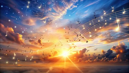 Obraz premium A celestial sunset sky with music notes floating on a golden horizon, glowing with light and wonder