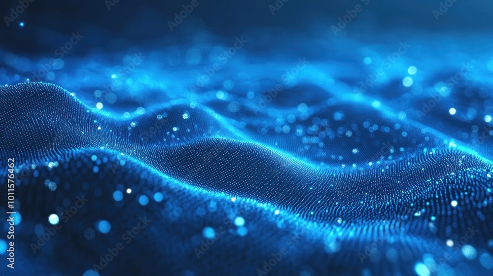 Poster abstract representation of flowing blue waves with glowing particles.
