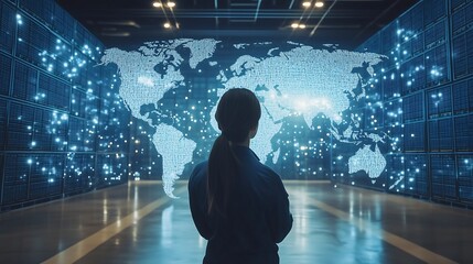 Futuristic logistics network with a dynamic world map overlay showing shipping routes, automated drones, and hyperloop systems