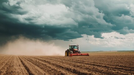 Fototapeta premium A tractor plowing a field under a cloudy sky, dust rising from the soil
