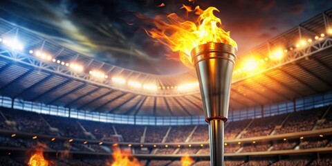 A flaming torch held high against the backdrop of a crowded stadium, representing the spirit of competition and the pursuit of victory.