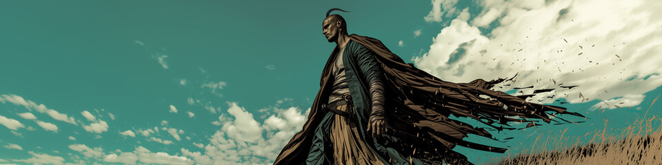 Outstanding courage concept. Portrait of Ukrainian Zaporizhzhian Mystic Cossack wearing long cape on blue sky background. Low angle. Traditional haircut - oseledets. Banner. Oudoor shot