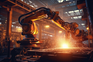 Industrial robots welding metal parts in a factory