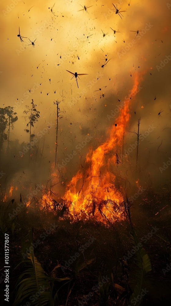 Wall mural peat bog fire with silhouetted dragonflies - environmental disaster.