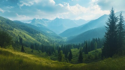 Obraz premium Mountainous Landscape with Misty Peaks and Lush Green Slopes