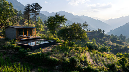 Serene Mountain Retreat with Infinity Pool Surrounded by Lush Greenery and Majestic Peaks