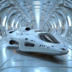 Futuristic Spaceship in Sci Fi Hangar with Sleek Design and Illuminated Lights