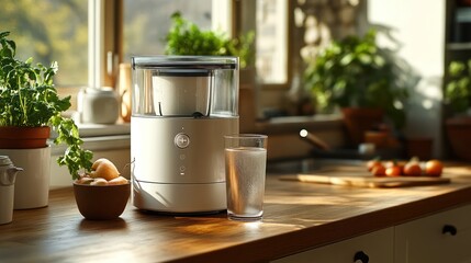 A white water filter sits on a kitchen counter with a glass of filtered water beside it.