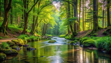 Fototapeta premium A Serene Stream Winding Through a Lush Canopy of Green Trees, Bathed in the Warm Glow of Sunlight
