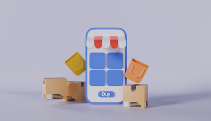 Smartphone with shopping bag, parcel box concept for online marketing product