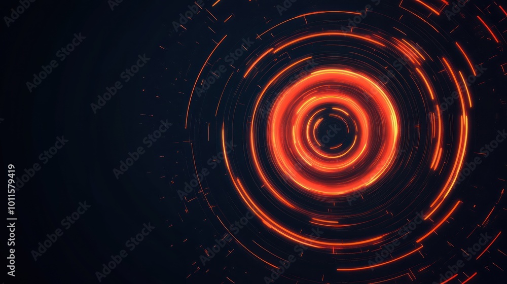 Poster abstract circular design with glowing orange lines on a dark background.