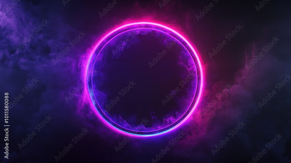 Poster a glowing neon circle surrounded by colorful clouds, creating a futuristic atmosphere.