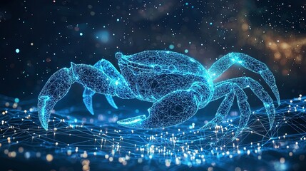 A striking artistic rendering of a crab, composed of delicate blue lines and shimmering lights, resting against a cosmic starry backdrop, fusing art with nature.