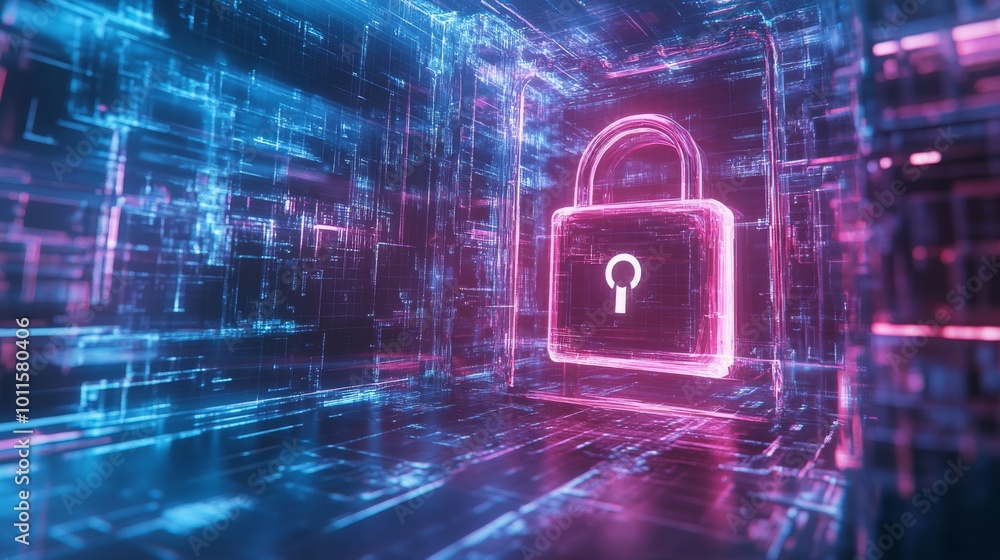 Poster neon pink padlock icon floats in a high-tech digital environment, symbolizing security and data prot
