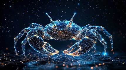 This artwork features a crab made of interlacing, twinkling patterns and glowing nodes in an exquisite blend of cosmic elements, presenting grandeur and divinity.