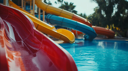 A set of colorful water slides in an outdoor aquapark, Ai