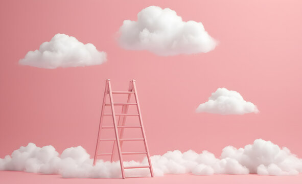 Escalera entre Nubes en Cielo Rosa Pastel - Concepto de &Eacute;xito y Superaci&oacute;n