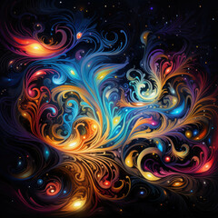 Mystical Colorful Swirls of Light on Black Background