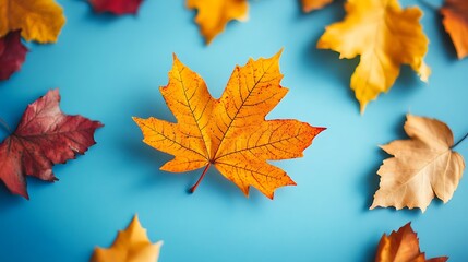 A vibrant orange maple leaf stands out against a backdrop of blue, with smaller autumn leaves scattered around it.