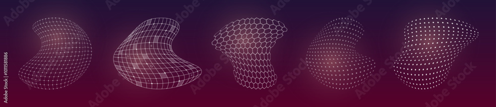 Poster hud futuristic distorted 3d elements surface grid set. digital ui flexible wire mesh structure. gui 
