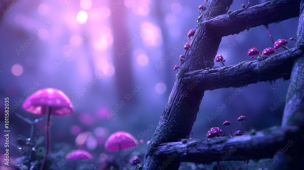 Poster enchanted forest adventure - a twisting helix ladder weaving through vibrant pathways surrounded by 
