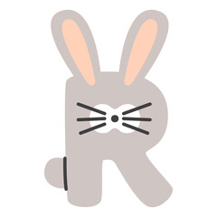 Capital letter R of childish English alphabet with rabbit. Kids font with cute character for kindergarten.