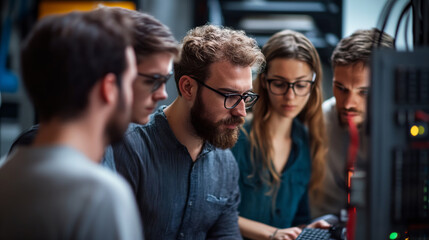 Obraz premium IT Professionals Collaborating Around a Server
