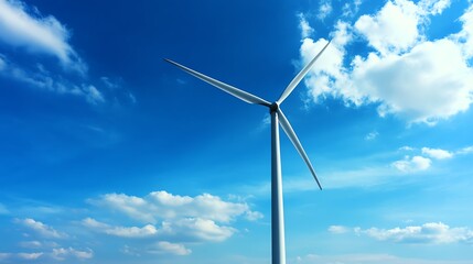 A majestic wind turbine stands against a vibrant blue sky with fluffy clouds, representing renewable energy and sustainable technology.