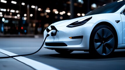 Naklejka premium A sleek white electric car being charged in a modern parking garage, reflecting contemporary design and eco-friendly technology.