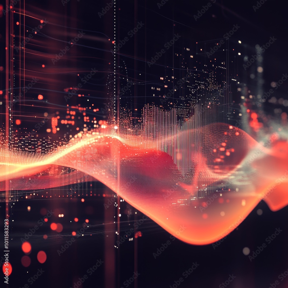 Poster abstract red digital wave with data visualization and glowing lights