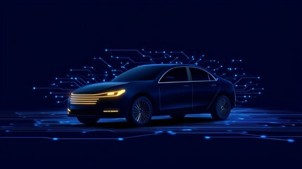 Obraz premium Futuristic car illuminated with blue lights, surrounded by digital connections, symbolizing advanced technology and innovation.