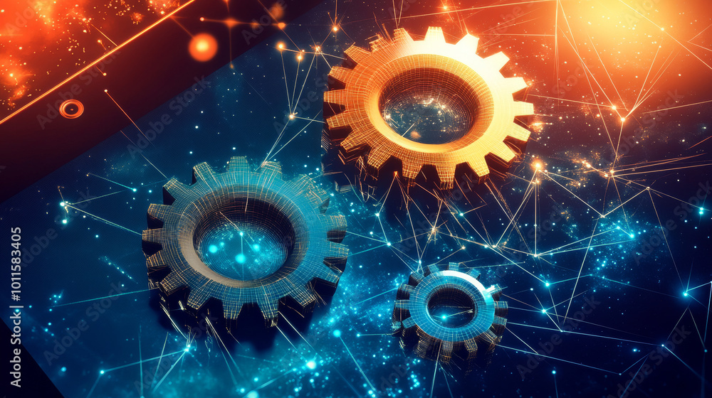 Poster the image shows three gears on a tablet screen. the background is a starry sky, created using simple